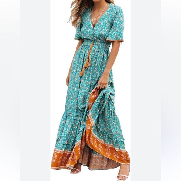 R.Vivimos Summer Cotton Short Sleeve V Neck Floral Print Casual Bohemian in M - Picture 1 of 12